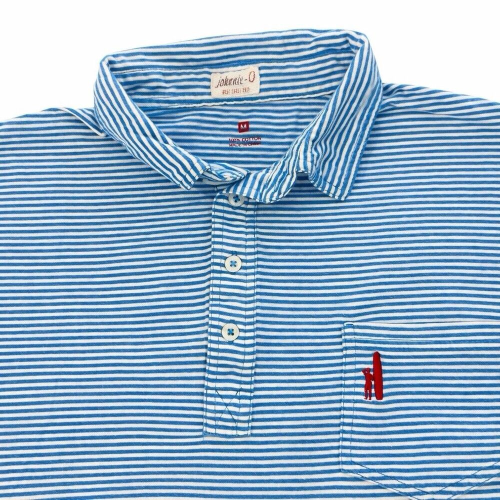 Johnnie-O Polo Shirt Mens M Blue White Stripe Pocket Cotton Casual - Picture 2 of 5